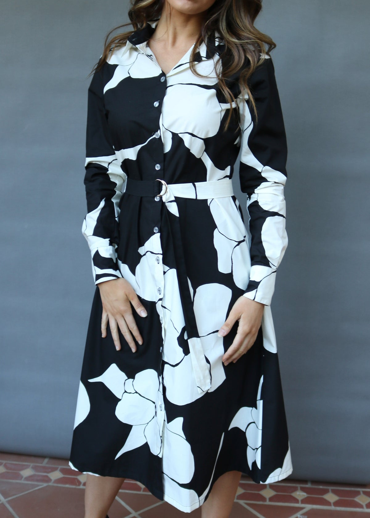 Pansy That - Black White Pansy Print Shirt Dress