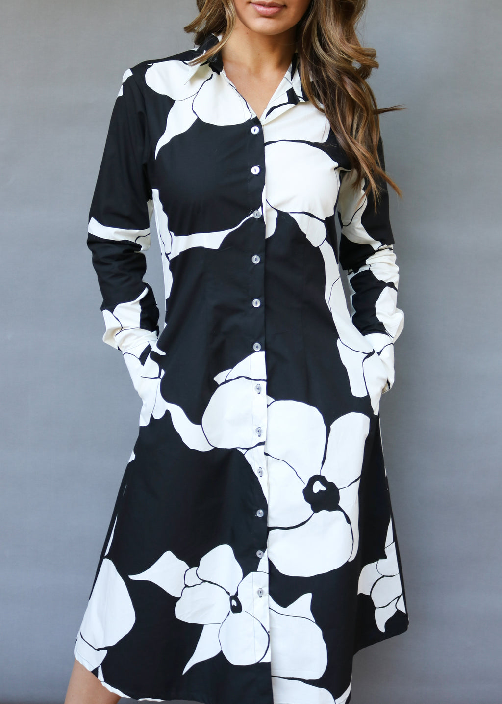 Pansy That - Black White Pansy Print Shirt Dress