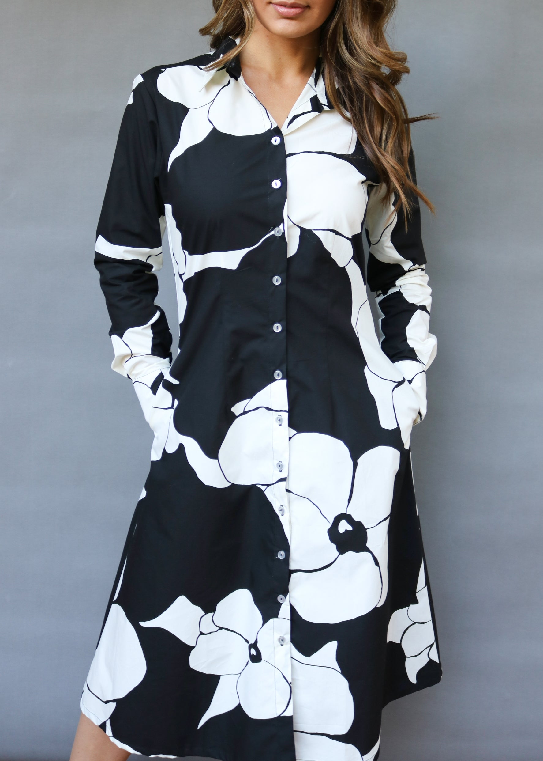 Pansy That - Black White Pansy Print Shirt Dress